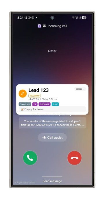 CallNoty smart call overlay for notes and lead tags